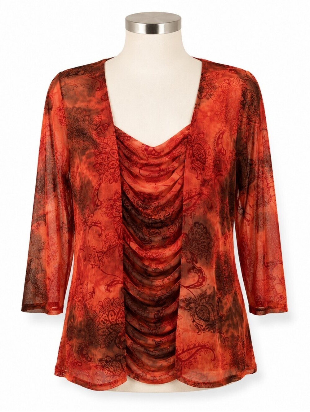 Dressbarn Red Mesh Flocked Velvet Square Neck Ruched Top Sz 1X Whimsigoth Fairy